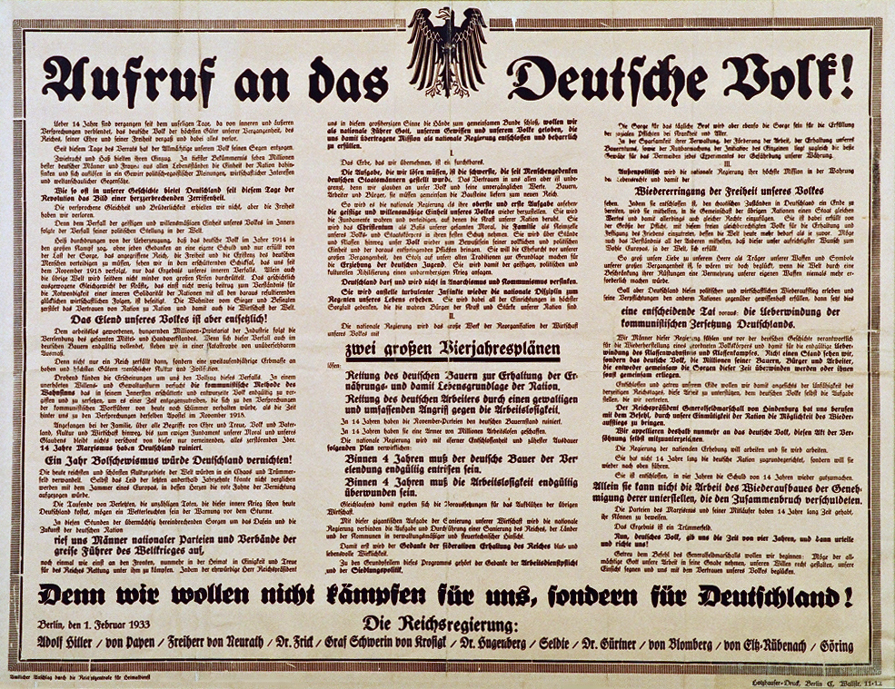Original text of Adolf Hitler's first proclamation to the German people as Chancellor